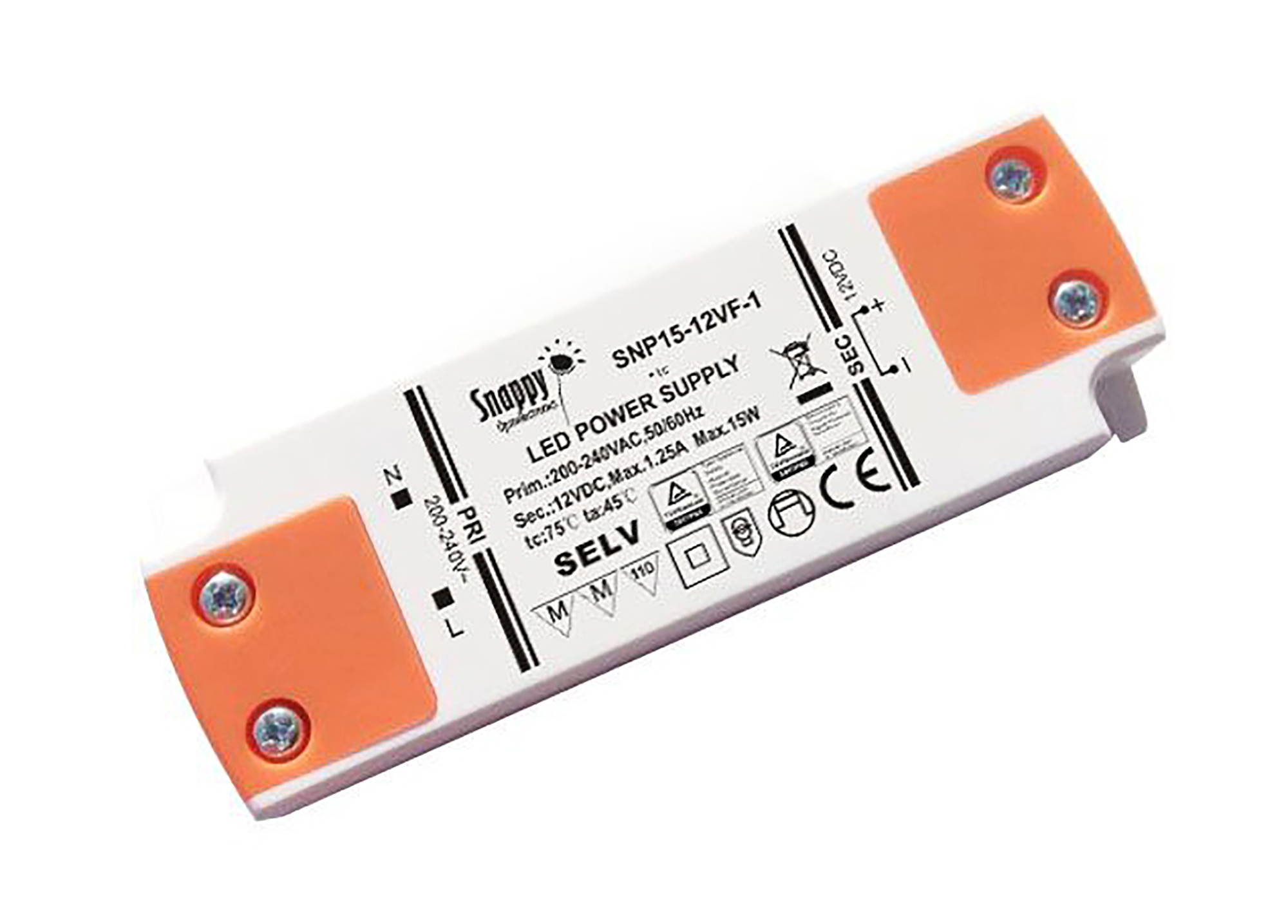 SNP15-12VF-1  15W Constant Voltage Non-Dimmable LED Driver; 12VDC 1.25A IP20.